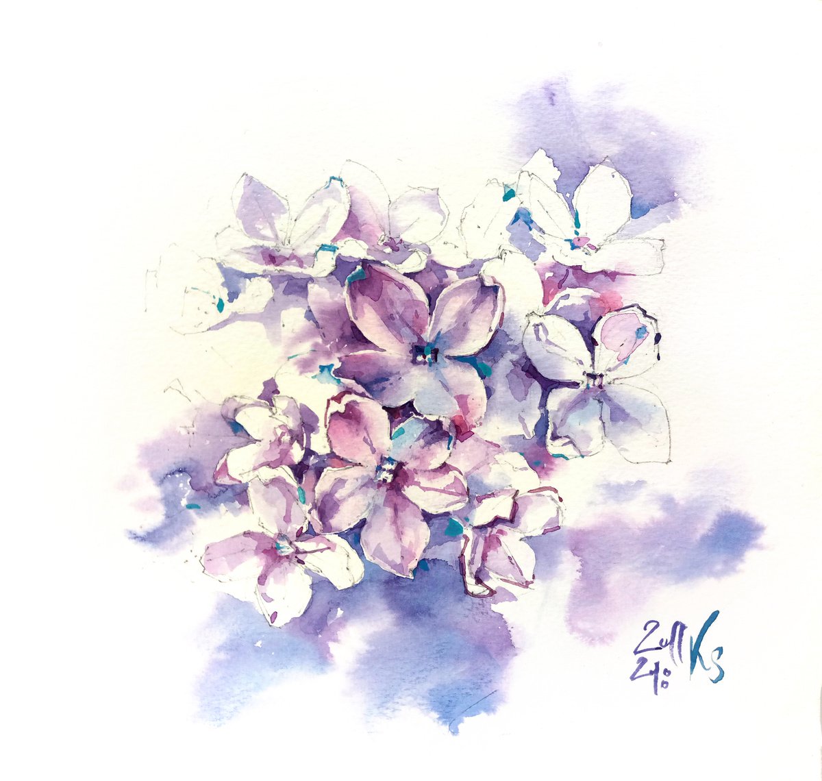 Original watercolor painting A thousand shades of lilac flowers by Ksenia Selianko