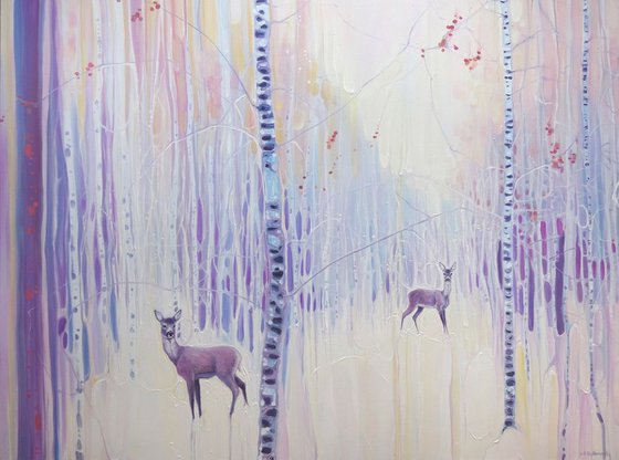 Spirits of Winter - LARGE ORIGINAL Oil Painting with deer in snow