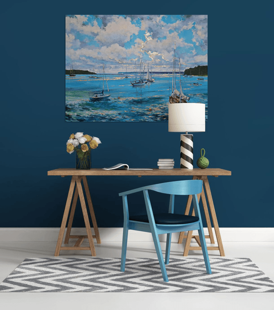 Morning on the bay (mixed-media, acrylic and gold leaf) (36x48x1.5")