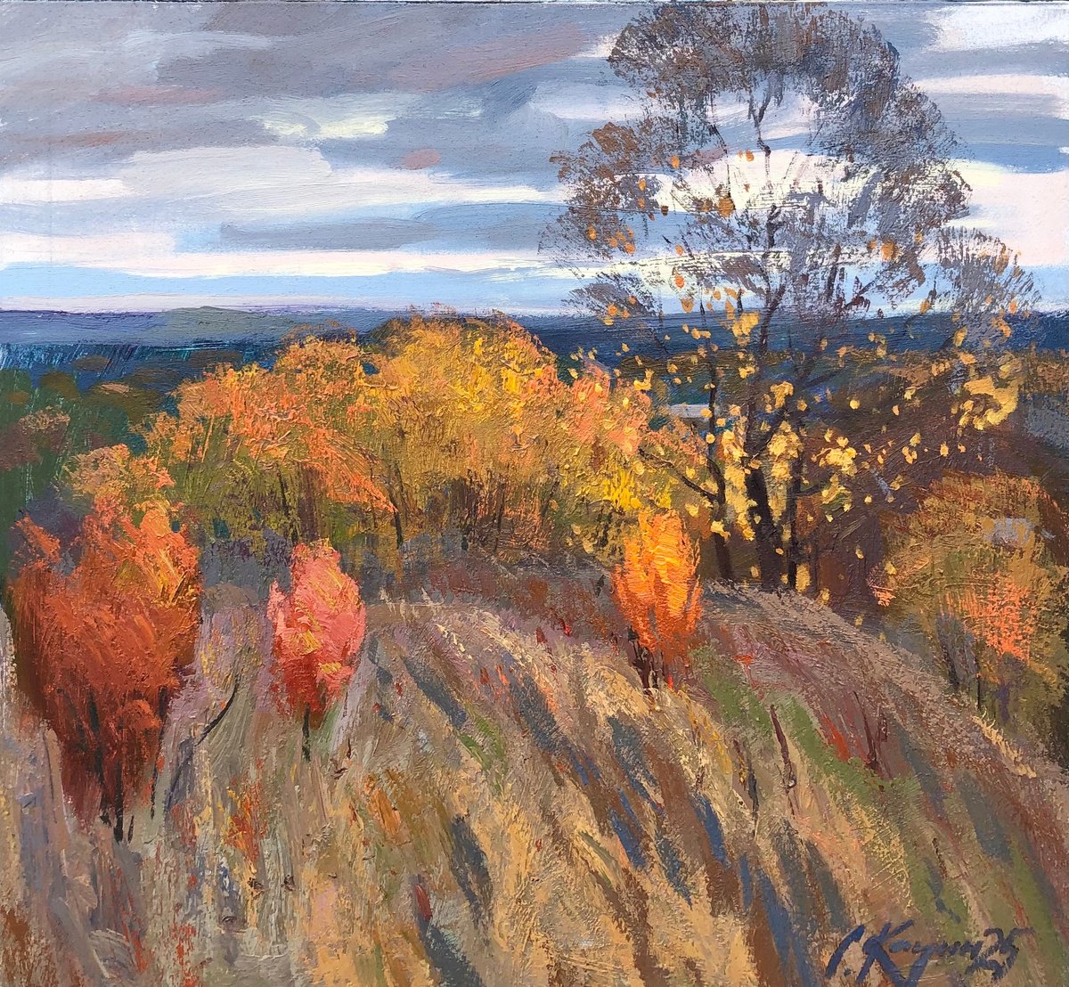 Impressionistic Landscape Acrylic Painting By Sergey Kachin, 26 X 24", Before The Rain, Original Artwork