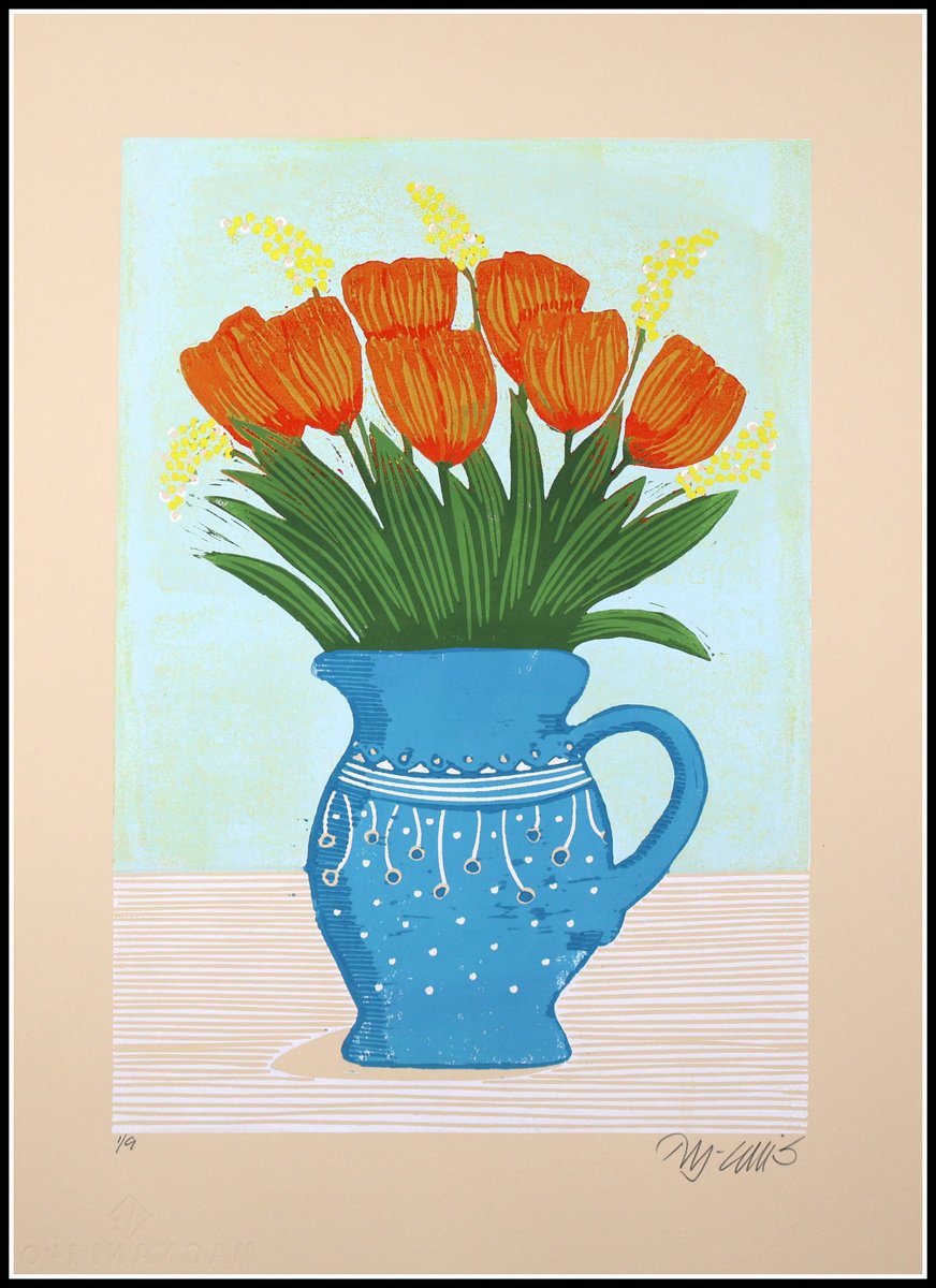 Botanical Linocut By Mariann Johansen-Ellis, 15 X 20", Tulips Is So Spring, Original Artwork