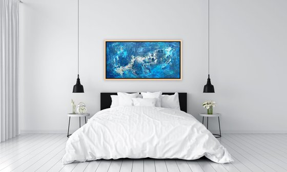 Large Blue Abstract Seascape Textured Painting Blue, Silver, Gold. Modern Art with Heavy Texture. Abstract Landscape Contemporary Artwork for Livingroom or Bedroom