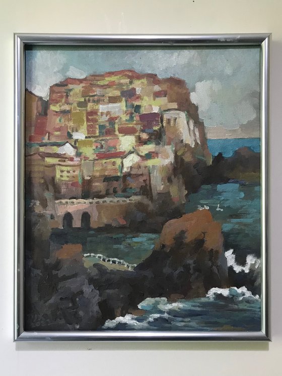 Original Oil Painting Wall Art Artwork Signed Hand Made Jixiang Dong Canvas 25cm × 30cm Manarola Italy small building Impressionism