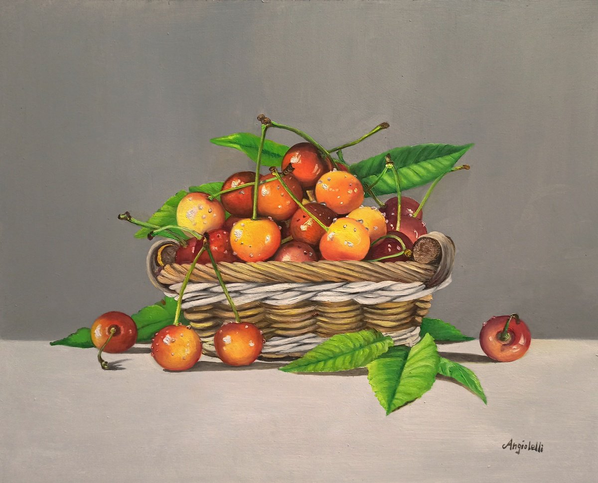 Photorealistic Still Life Oil Painting By Anna Rita Angiolelli, 16 X 13, Still Life With Cherries, Original Artwork