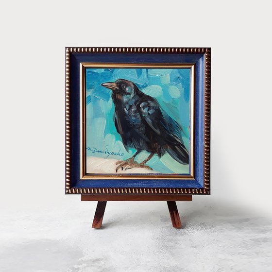 Crow bird oil painting original framed artwork gift, Black Bird on turquoise wall art home decor small painting 4x4