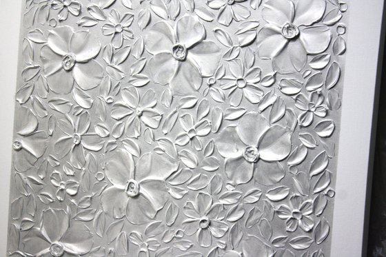 Spring Love - Silver Heavy Textured Acrylic Flowers Painting 61cm x 61cm