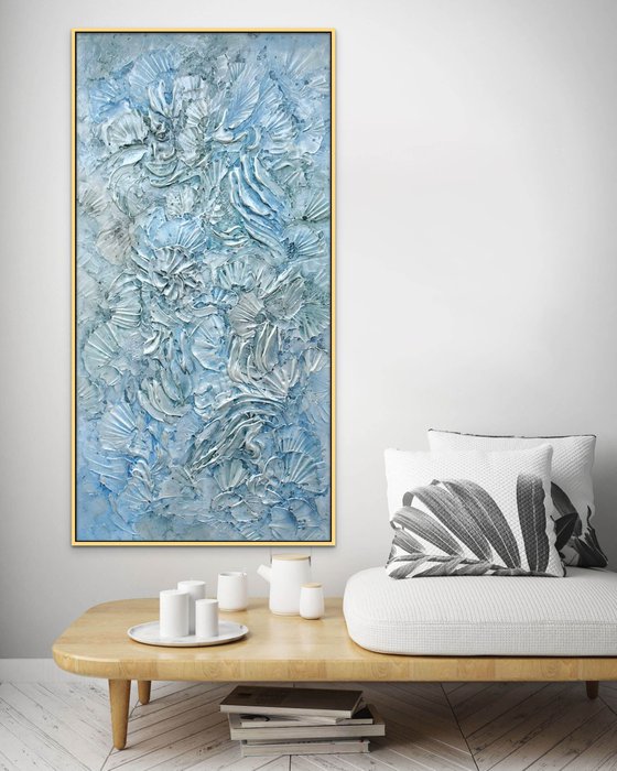 BLUE DREAM. Abstract Blue Silver Gray Vertical Painting with Dimensions