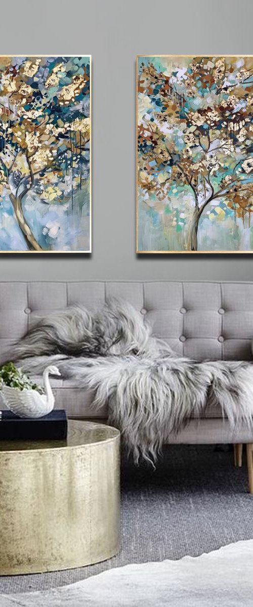 Duality - 48" x 36" Abstract Tree Art, Set of Two Paintings, Multi Panel Abstract, ORIGINAL Painting, Gold Leaf Painting, Black and Gold, Large Art by Lana Guise
