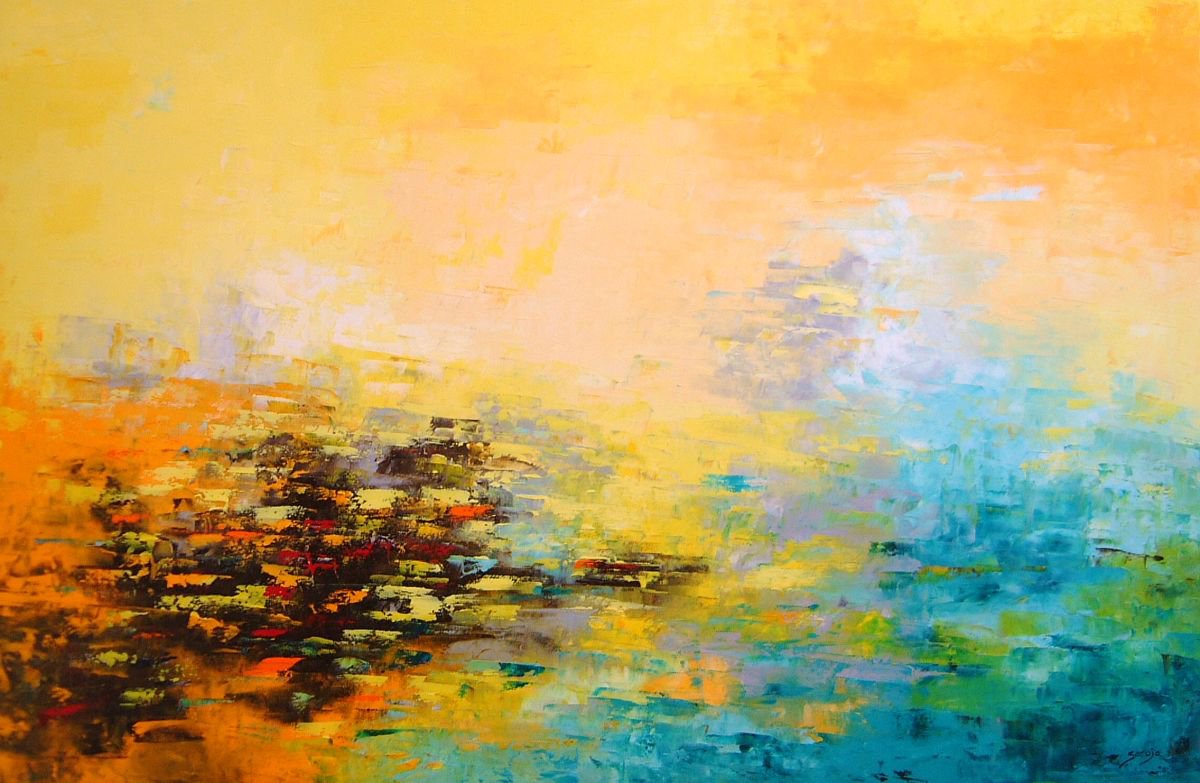 Abstract Landscape Oil Painting By Saroja Van Der Stegen, 38 X 25", Green-Orange (Ref#:882-30M), Original Artwork