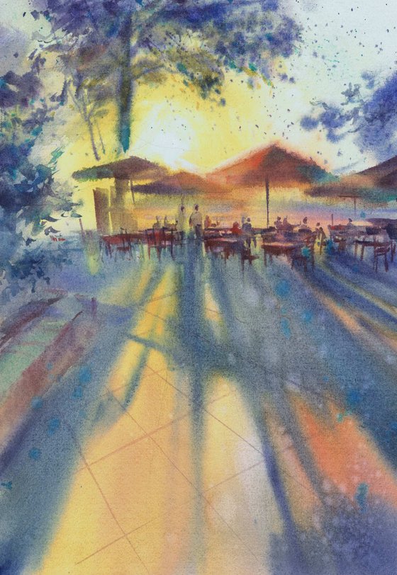 Cafe by the sea. Watercolour landscape by Marina Trushnikova, seascape, sunset by the sea.