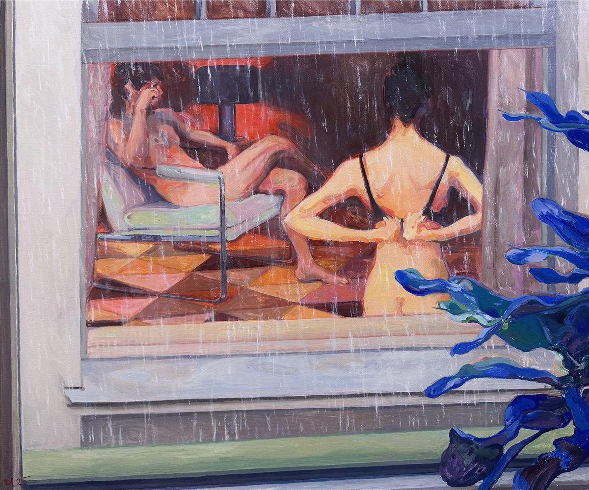 Impressionistic Portrait Oil Painting By Ilya Filatov, 35 X 31, Couple In The Rainy Window, Original Artwork