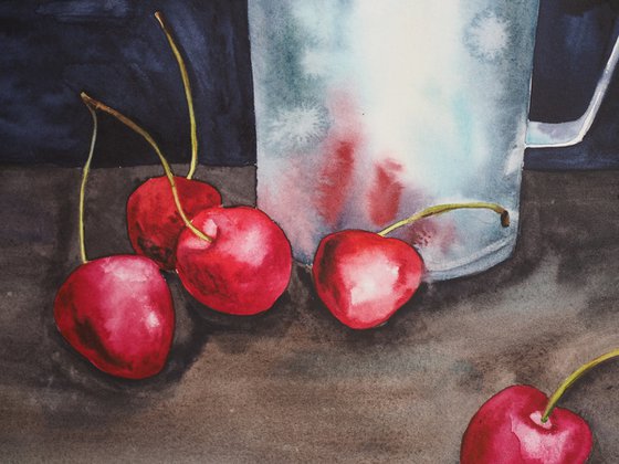 Cherries on darkness light - original watercolor artwork