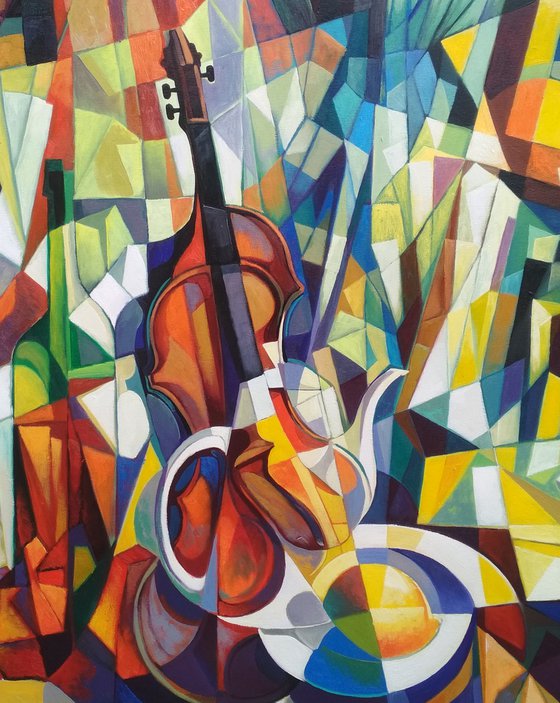 still life with violin (80x80cm, cubism, oil painting, ready to hang)