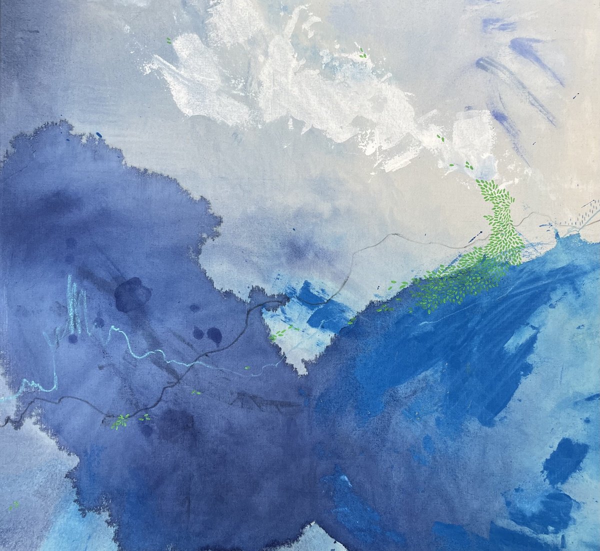 Abstract Acrylic Painting By Flora Butler, 26 X 24, Blue Skin Of The World, Original Artwork