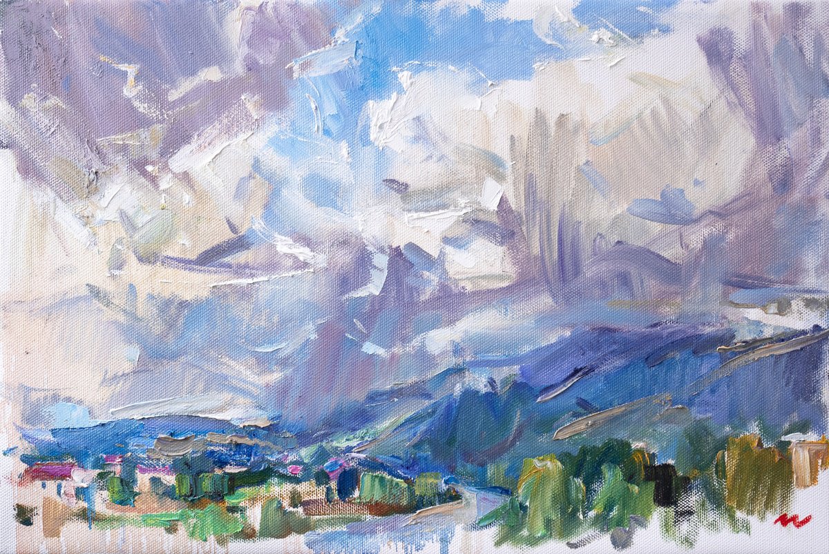 Expressive Landscape Oil Painting By Vasyl Moldavchuk, 24 X 16", Cloudy Landscape, Original Artwork