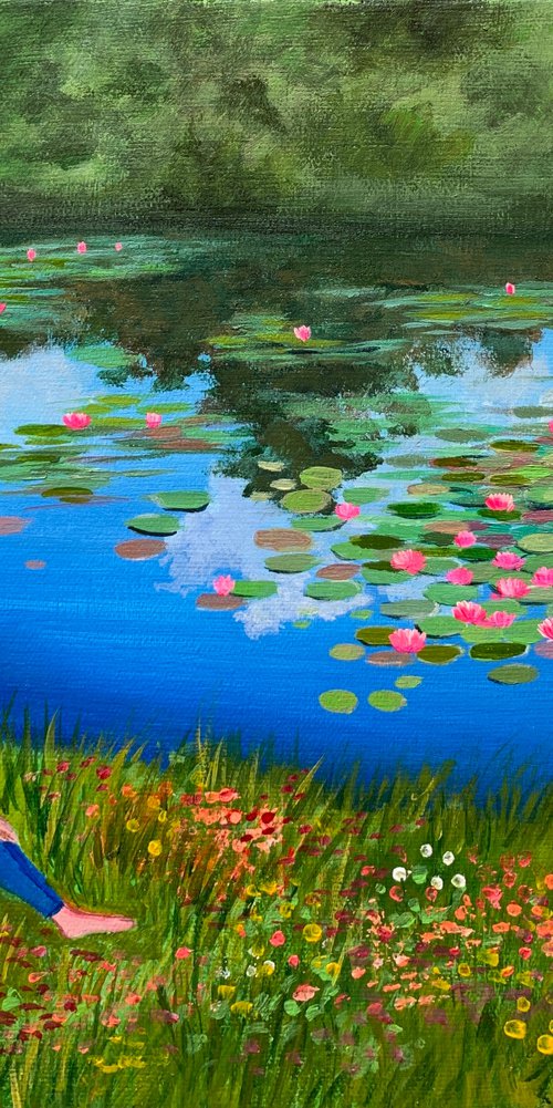 Girl by the pond !!  Ready to hang painting!! Floral landscape by Amita Dand