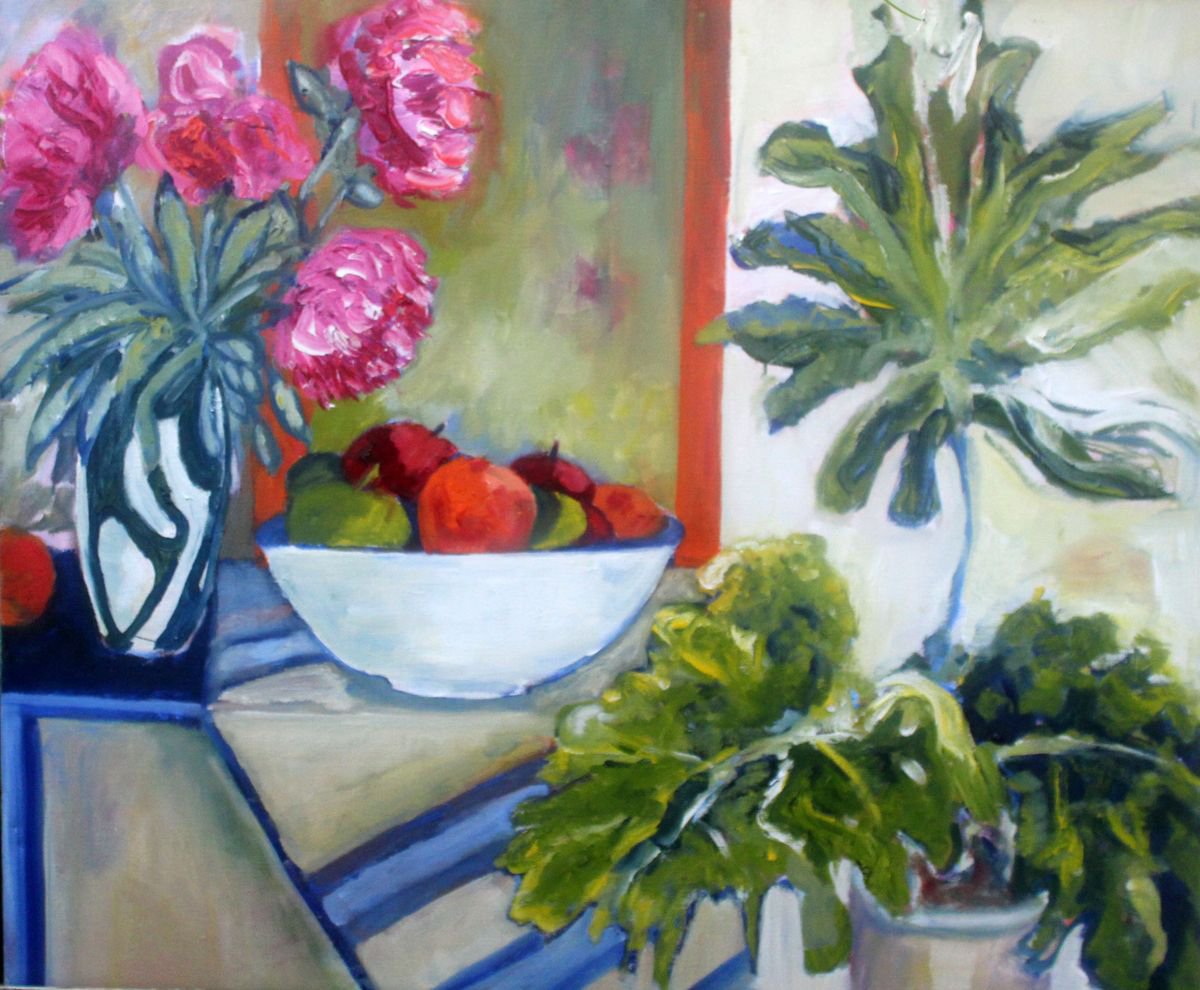 Expressive Still Life Oil Painting By Maureen Finck, 24 X 20", Hello Margaret, Original Artwork