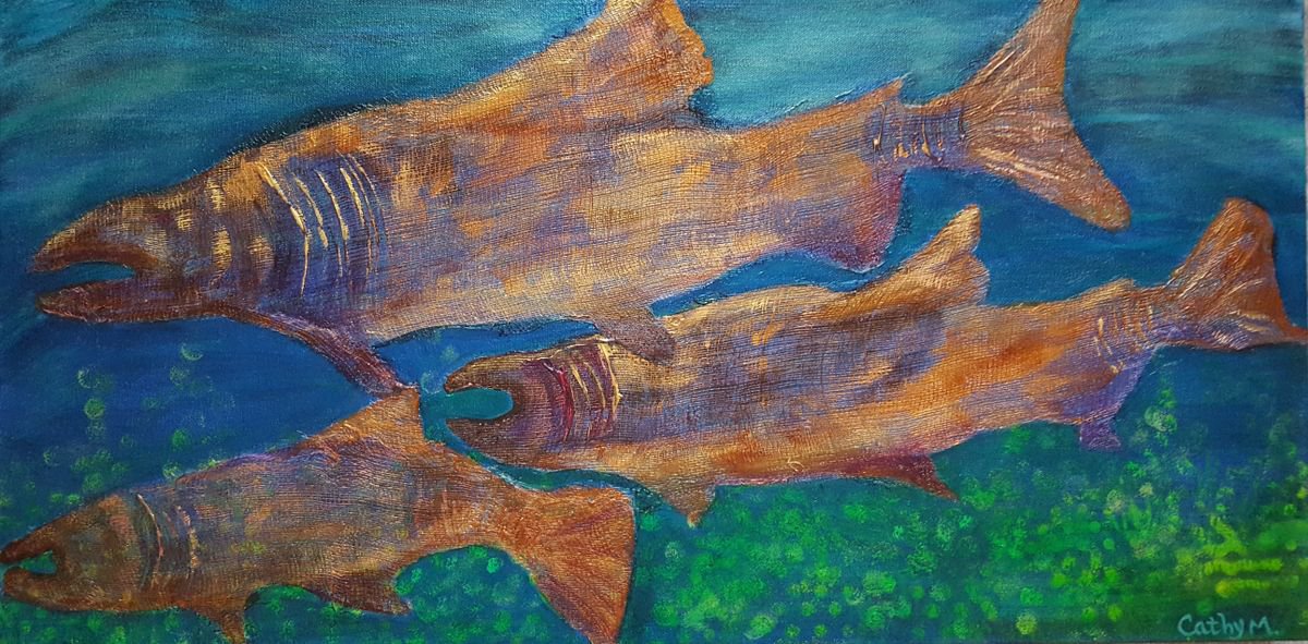 Impressionistic Animal Painting By Cathy Maiorano, 30 X 15, Salmon Run, Original Artwork