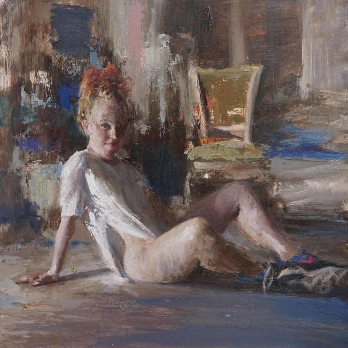 Expressive Portrait Oil Painting By Manuel Leonardi, 14 X 14", Pink Crescent, Original Artwork