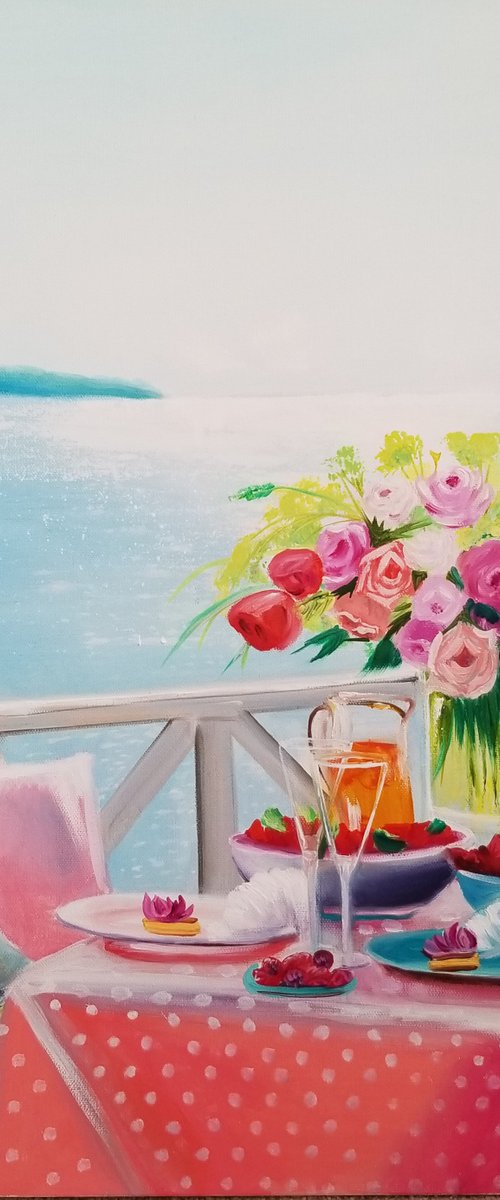 Breakfast by the Water. Summer Day in a Café. Mother's Day. Spectacular Oil Painting on Canvas. Gorgeous Italy Landscape. Home Decor. Wal Art by Alexandra Tomorskaya/Caramel Art Gallery