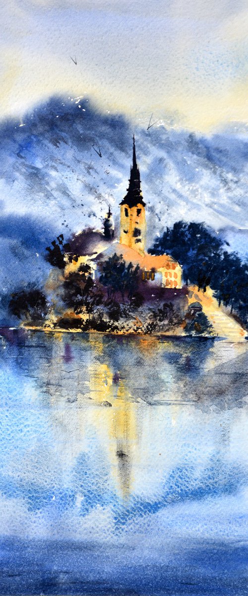 Bled Lake Slovenia #42 17x36cm 2022 smal watercolour by Nenad Kojić watercolorist