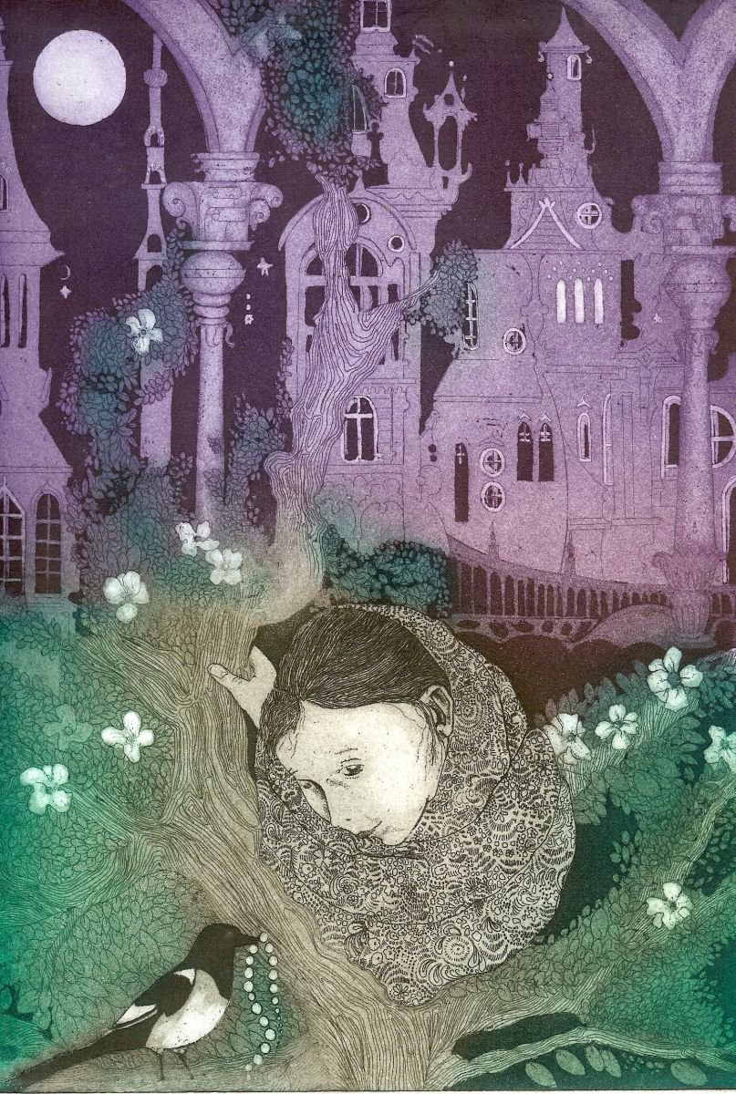 Illustrative Portrait Etchings & Engravings By Jane Daniell, 9 X 13, The Thieving Magpie, Original Artwork