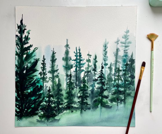 Pine Tree Art, Original Watercolor Painting, Forest Artwork, Mountain Wall Art, Christmas Gift