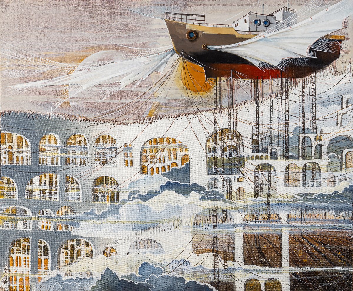 Surrealistic Cityscapes Painting By Olena Kosenko, 24 X 20", Waiting Game, Original Artwork