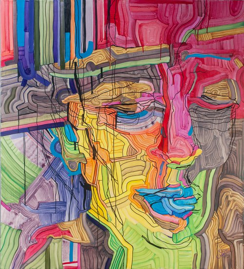 painting abstract man portrait in hat figurative colourful by Olga Chertova