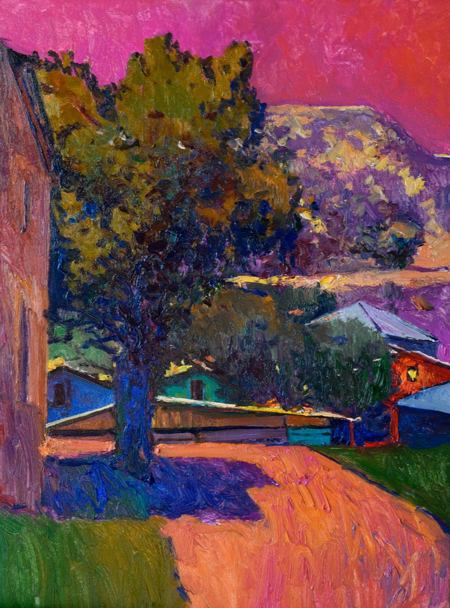 Expressive Landscape Oil Painting By Suren Nersisyan, 18 X 24", Dusk, Landscape With Pink Sky, Original Artwork