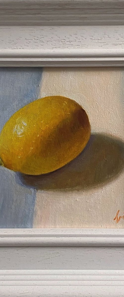 Lemon Still Life original oil realism painting, with wooden frame. by Jackie Smith
