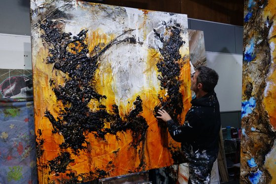 Sienna Dreaming 170cm x 170cm Black Sienna Textured Abstract Art