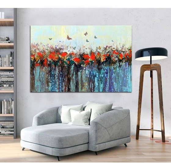 Dance of butterflies - Large abstract red flowers with butterflies, original artwork, abstract landscape