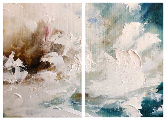 SERENITY 2 SET - Delicate diptych. Floral patterns. Double panel peony. White waves. Large strokes. Fragile. Soft. Caressing.