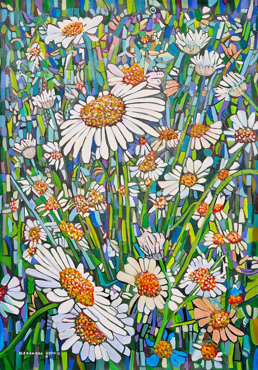 Expressive Botanical Acrylic Painting By Alexandra Djokic, 28 X 39, White Daisy, Original Artwork