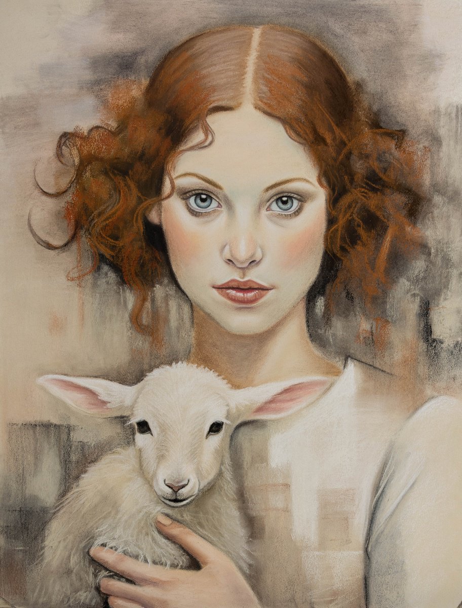 Impressionistic Portrait Pastel Drawing By Inna Medvedeva, 20 X 26, Girl With A Lamb, Original Artwork
