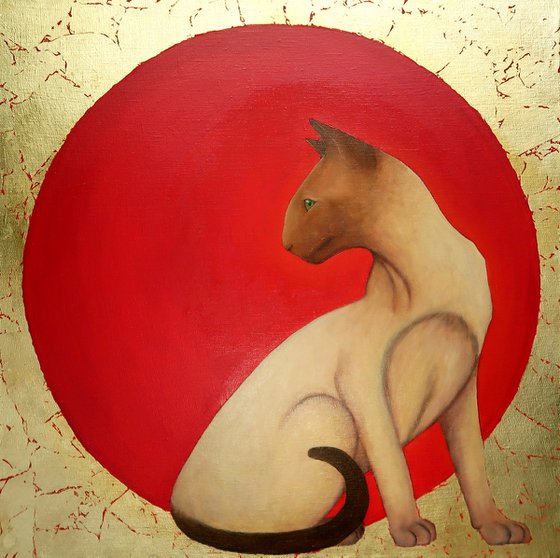 Oriental cat. Oil painting with gold leaf