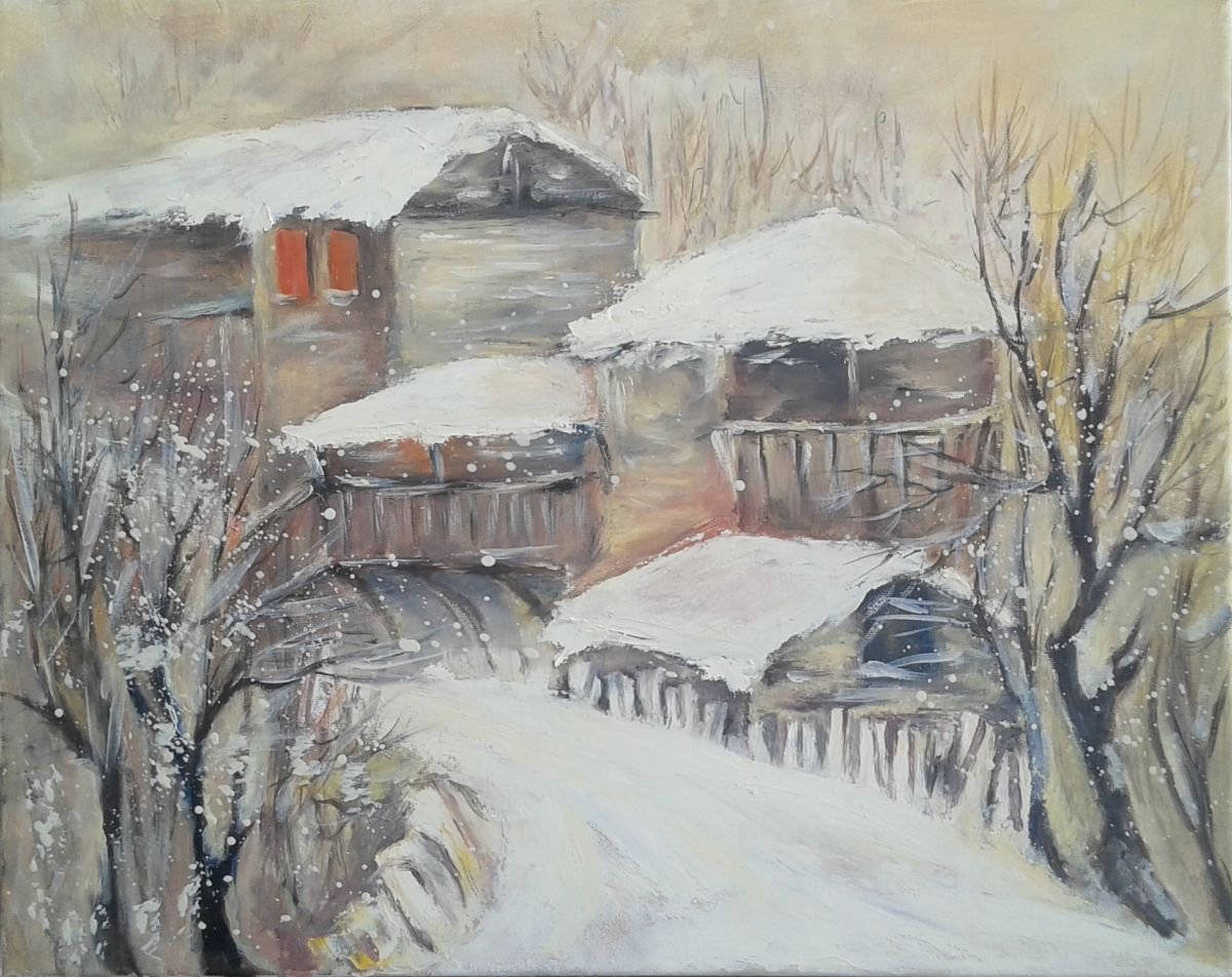 WINTER VILLAGE, snow cover landscape by Emilia Milcheva