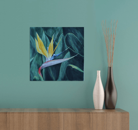 Bird of paradise. Yellow flower watercolor painting by Svetlana Vorobyeva