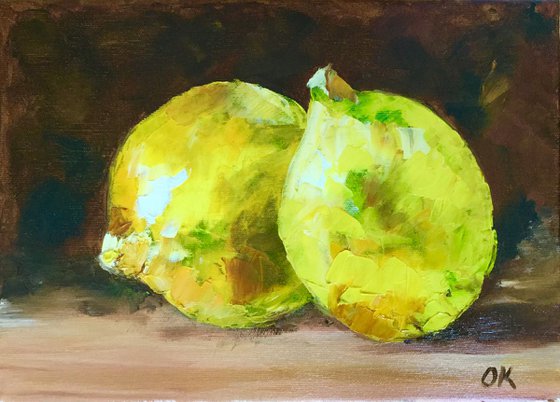 Lemons still life palette knife oil painting Dutch style