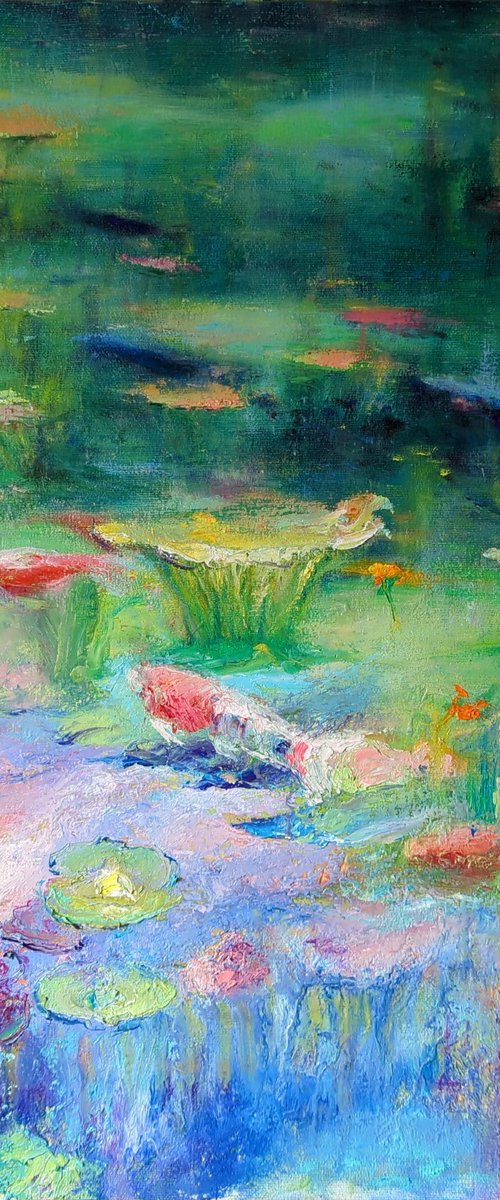Japanese garden . Colorful reflexion Original oil painting by Helen Shukina