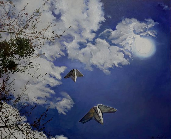 Oil painting Walk under the moon