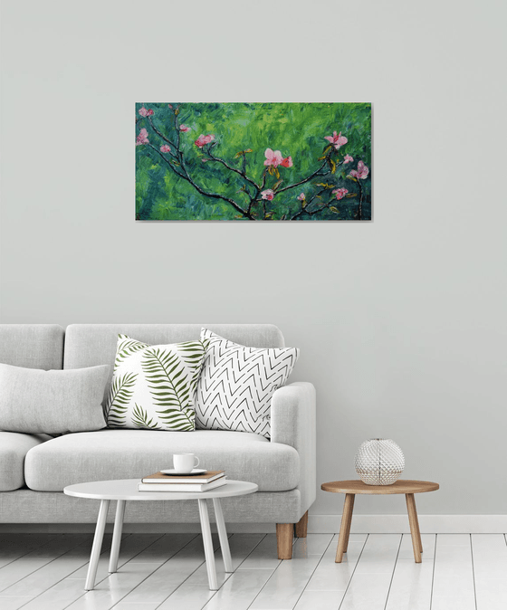 Spring flowers oil painting on canvas, pink flower, green wall art