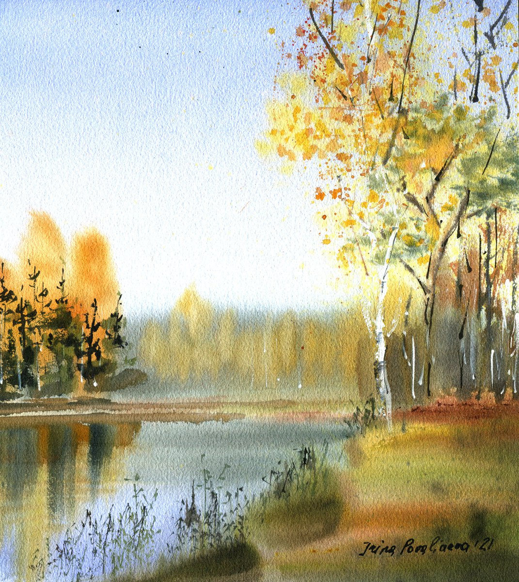 Autumn river landscape, yellow leaves , reflection, countryside, autumn forest by Irina Povaliaeva