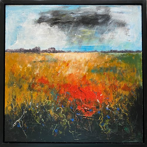 Orange Field with blue cornflowers (framed) by Teresa Tanner