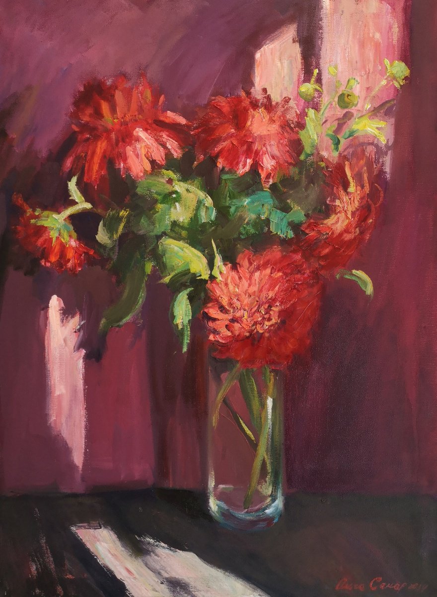 Impressionistic Botanical Oil Painting By Olga Samar, 16 X 20", Red Luxury, Original Artwork