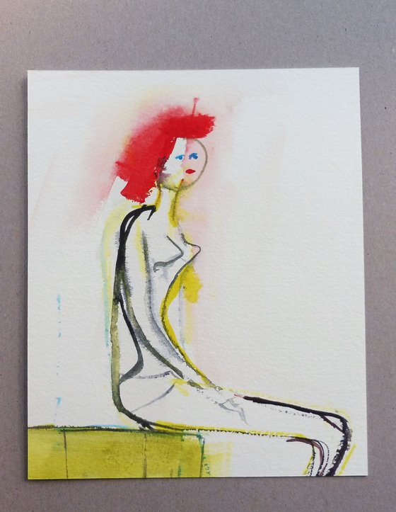 GIRL CUTE REDHEAD Sitting Sketch Study. Original Figurative Watercolour Painting.