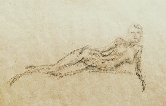 Nude. Sketch. Original pencil drawing on beige paper