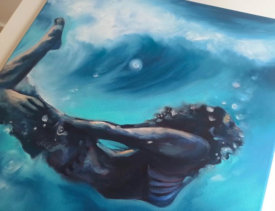 Underwater Swimming - Woman in Ocean Painting