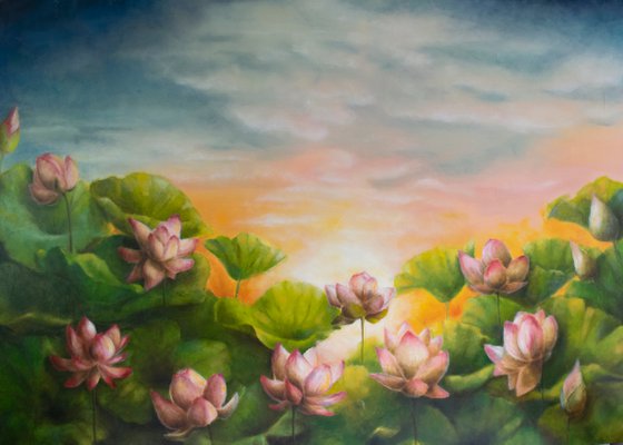 Oil original painting.Sunrise on a lotus pond.Bright oil painting.Oil on canvas.Meditation,flower fresh magic art